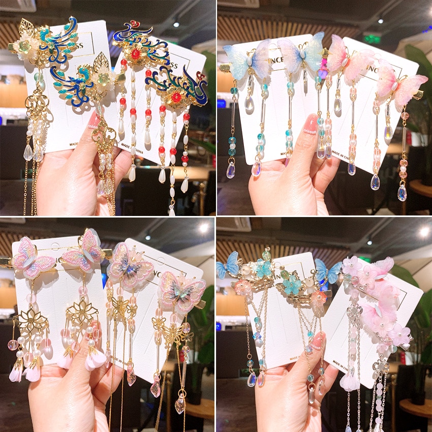 Children's Hairpin Headdress Antique Butterfly Hairpin Tassel Fairy Clip Ribbon Clip