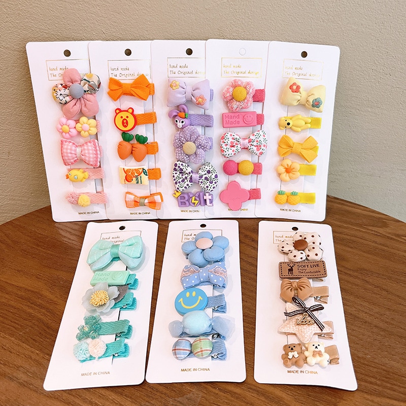 5 Pcs/Set Children Cute Colors Flower Bow Ornament Hair Clips Baby Girls Lovely Sweet Barrettes Hairpins Kids Hair Accessories