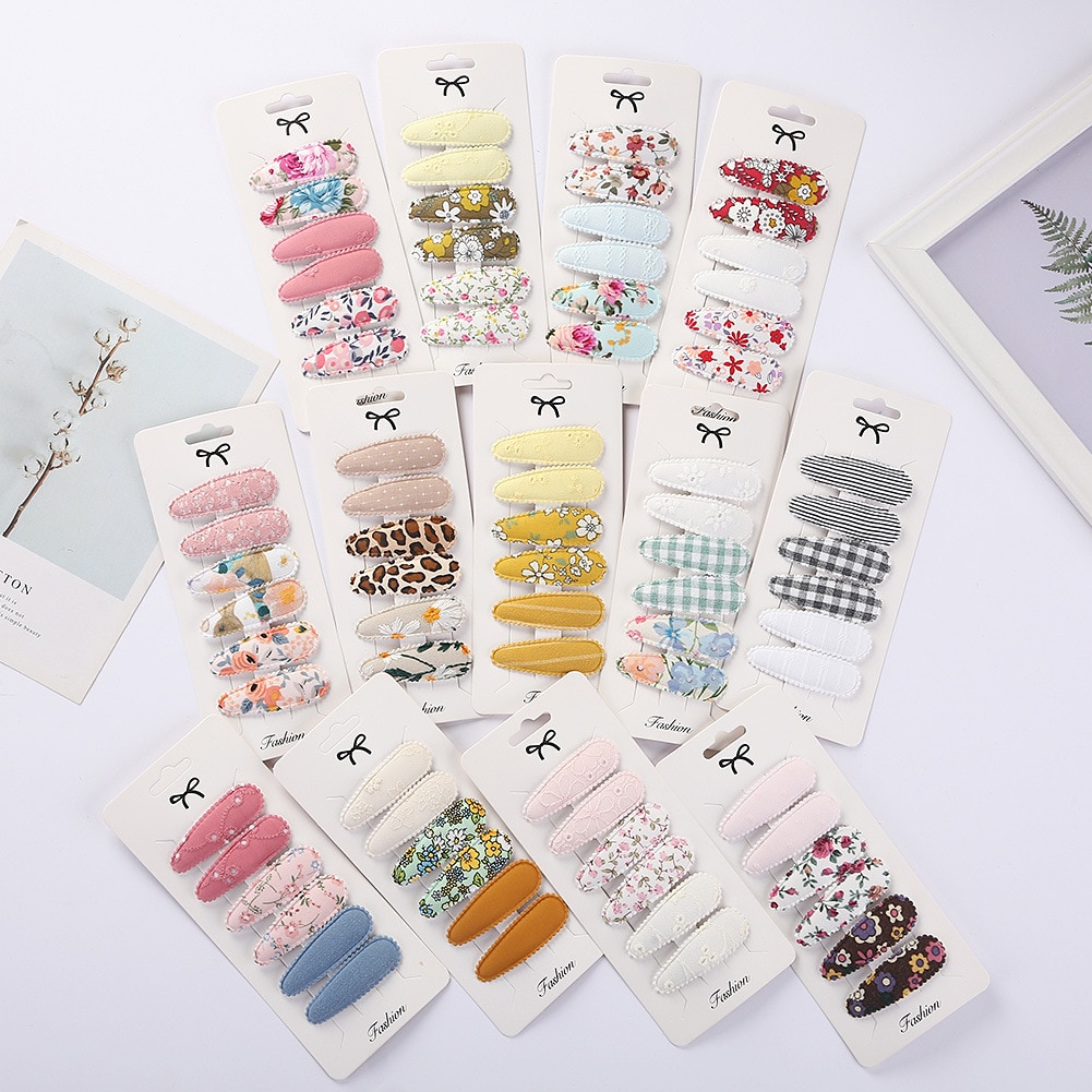 6Pcs/set Baby Girl Hair Clips For Children Embroidery Barette Drop Cotton Hairpin Floral Print Side Pins kids hair Accessories