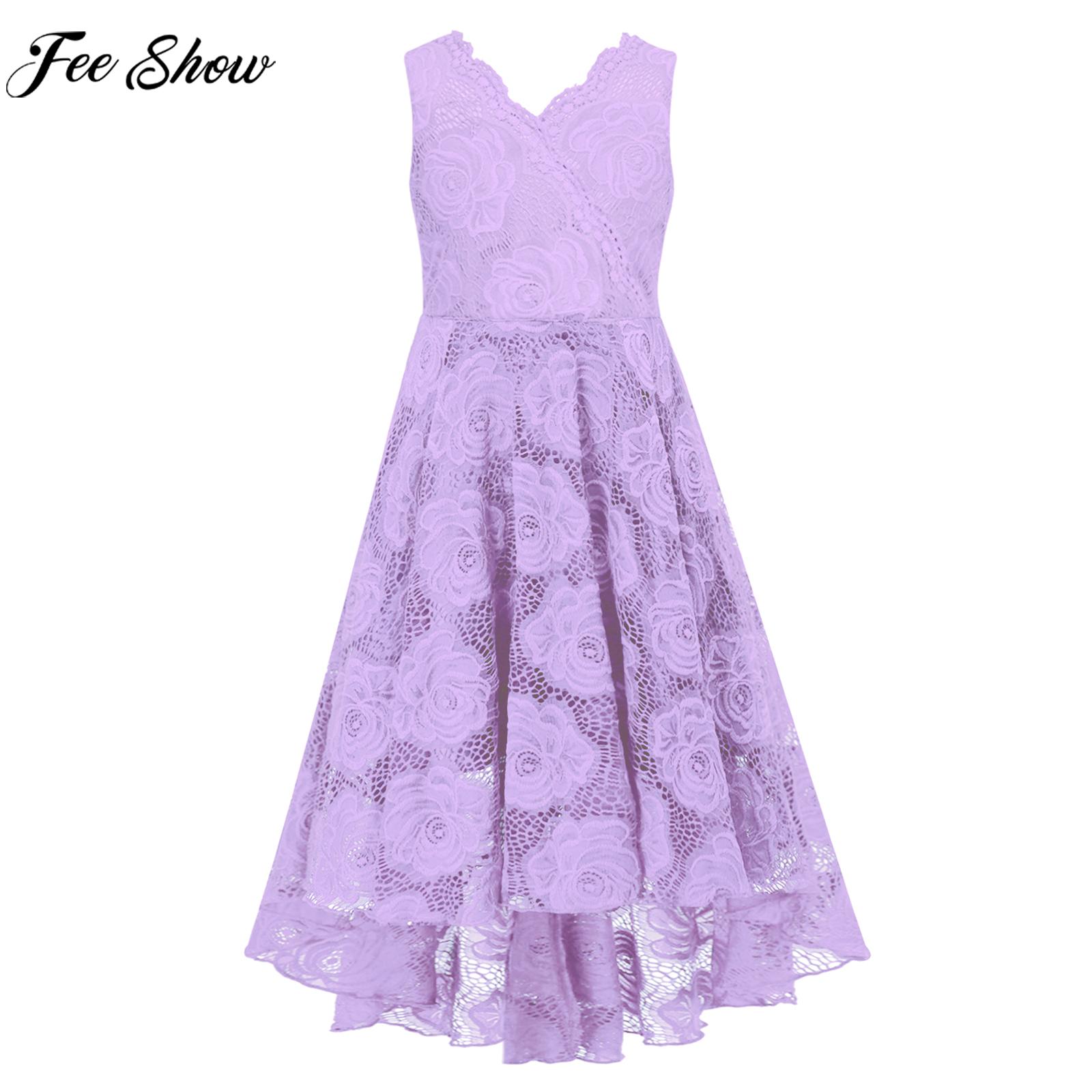 Teens Girls Wedding Bridesmaid Dress Elegant Lace Evening Birthday Party Dress V Neck Sleeveless Hi-Lo Hem Maxi Princess Tutu