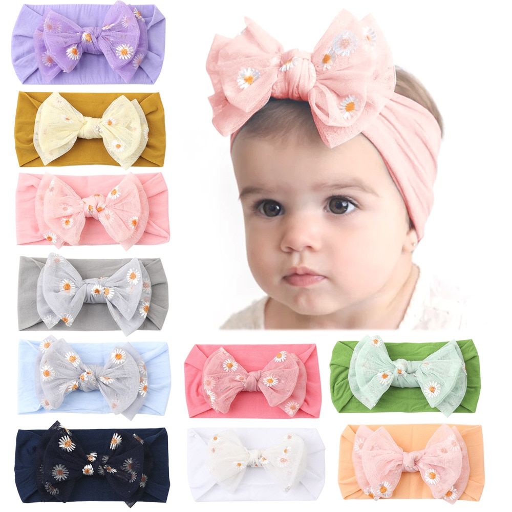 Baby Headband Newborn Daisy Flower Bows Headwear Elastic Nylon Lace Toddler Turban Hair Band Baby Girl Children Hair Accessories