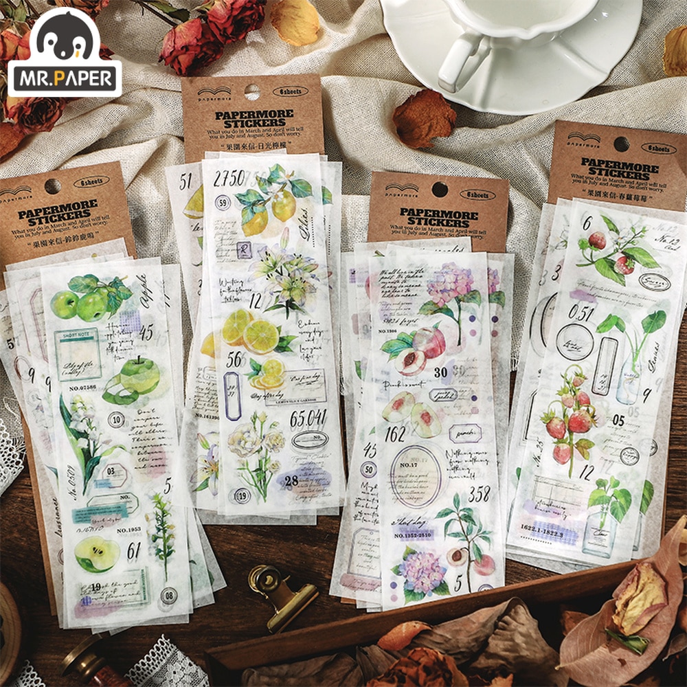 Mr.paper 4 Styles 6Pcs/Bag Aesthetic Botanical Stickers Literary Literal Fresh Fruit Scrapbooking Decoration Stationery Stickers