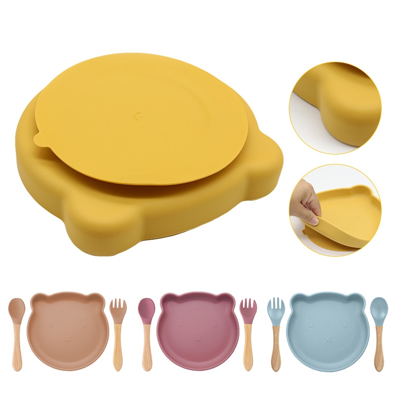 Cute Bear Baby Silicone Plate and Spoon Fork Baby Feeding Suction Plate Children Dishes Suction BPA Free Silicone Tableware Set