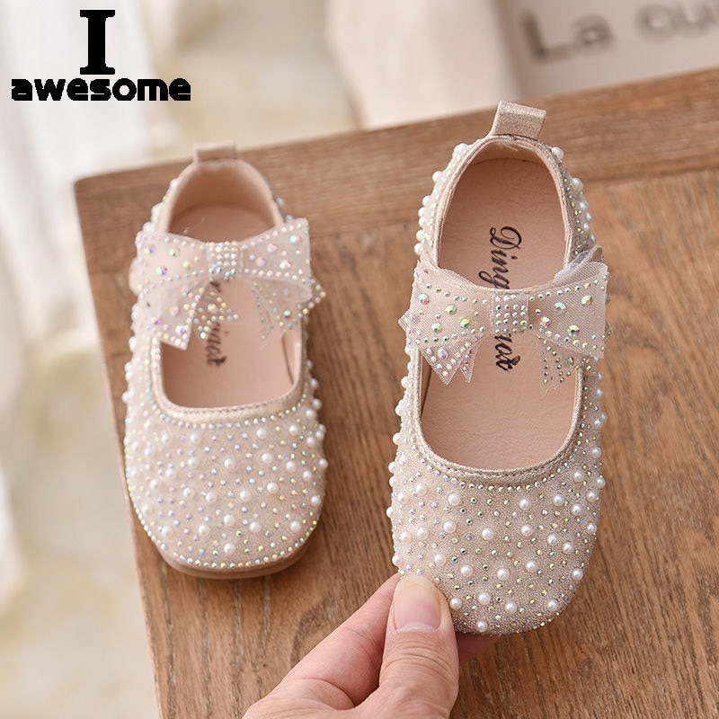 2023 New Girl's Princess Shoes Children's Fashion Bow Rhinestone Sequin Kids Shoe Baby Girls Party Student Flat Leathe