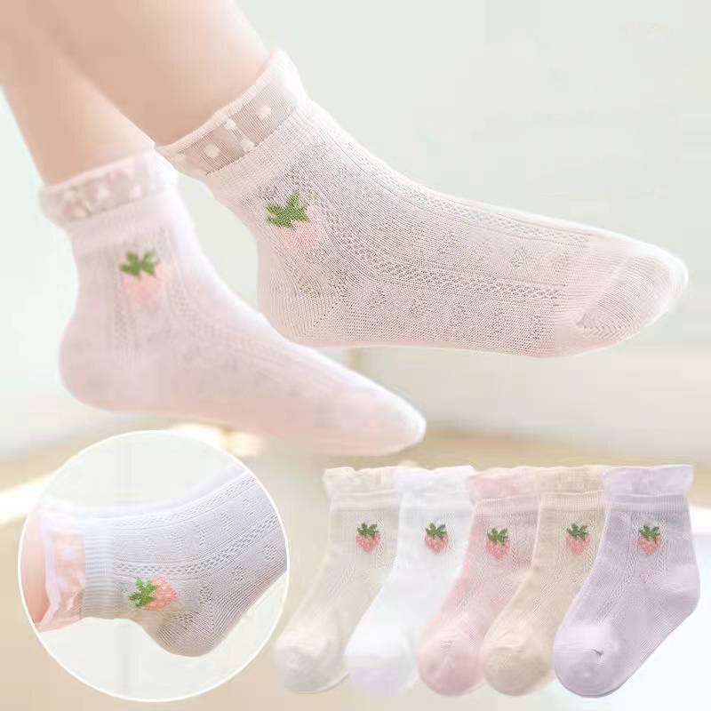 5 Pairs Baby Girl's Sweet Socks Medium Tube Cute Lovey Strawberry Kid's Socks Mesh Lace Summer Kid's Socks