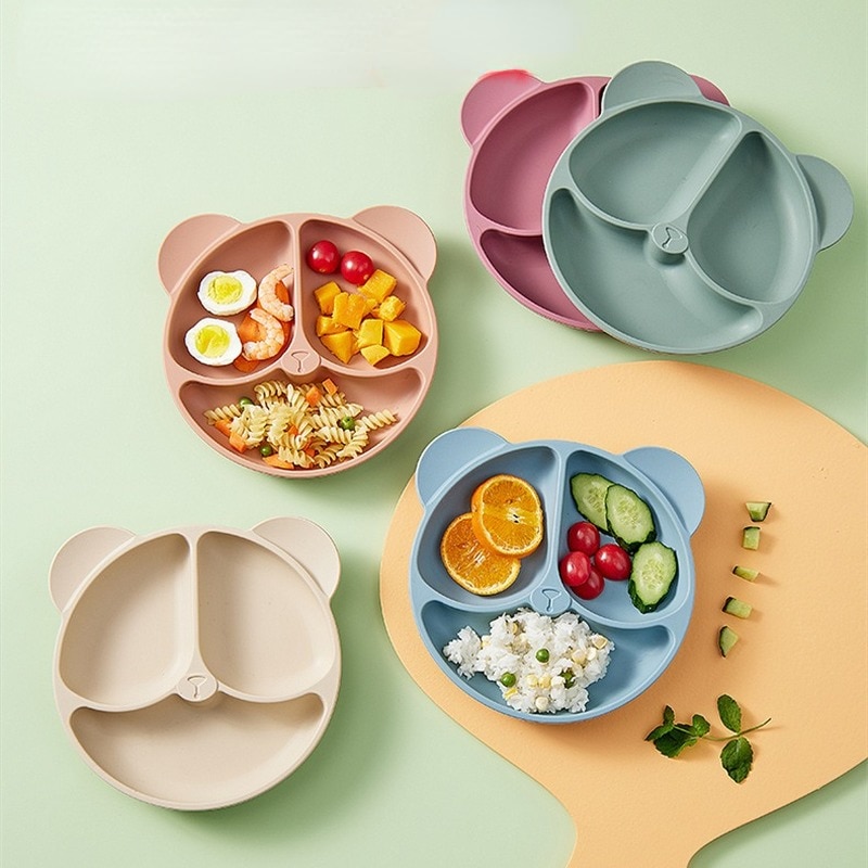 Baby Safe Silicone Suction Cup Bowl Cartoon Kids Dishes Baby Bear Face Plate Tableware Retro Dinner Plate Eco-friendly