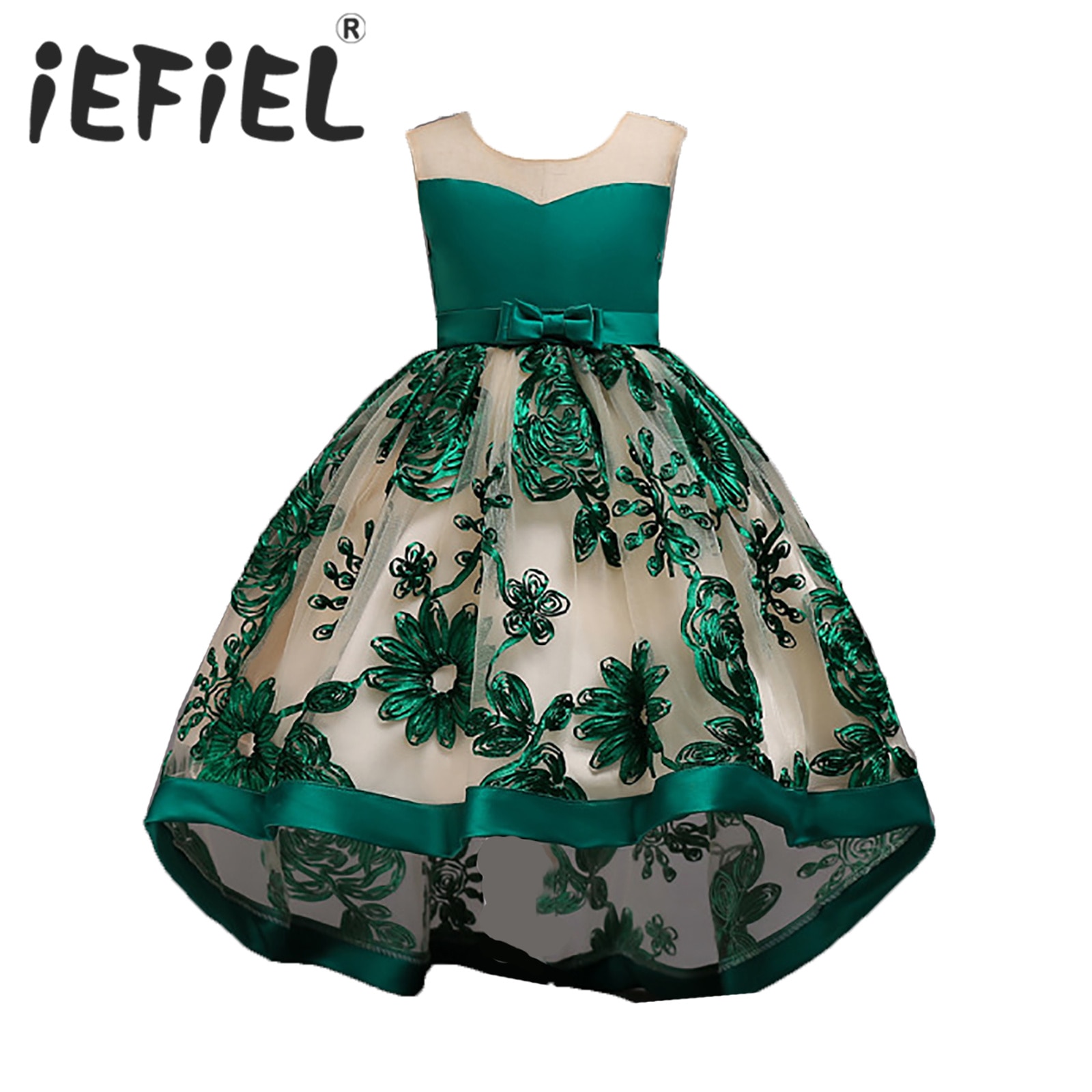 Flower Girls Dress Kids Summer Embroidery Birthday Party Dress Sleeveless Bowknot High-Low Hem Tulle Gowns Dress for Wedding