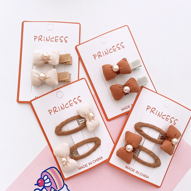 2pc/set Baby Hair Clip Ins Vintage Coffee Beige Color Bow Hairpin for Kid Girl Full Fabric Bang Side Clip for Children Girl Gift