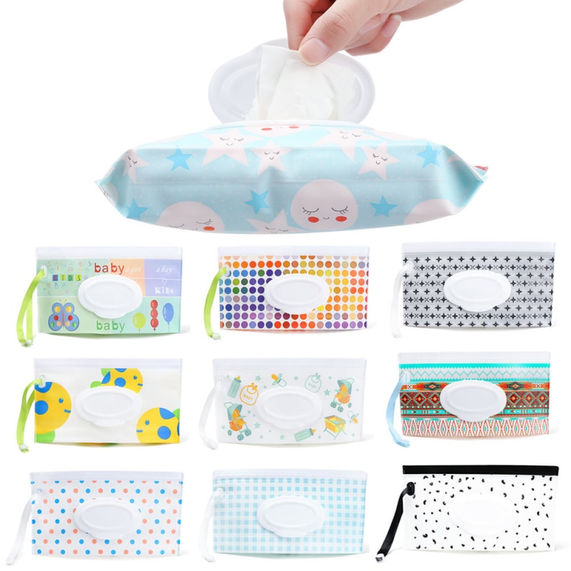 Protable EVA Baby Wet Wipe Bag Cute Snap-Strap Refillable Wet Wipes Pouch Flip Cover Wet Tissue Box Outdoor Baby Stroller Bag