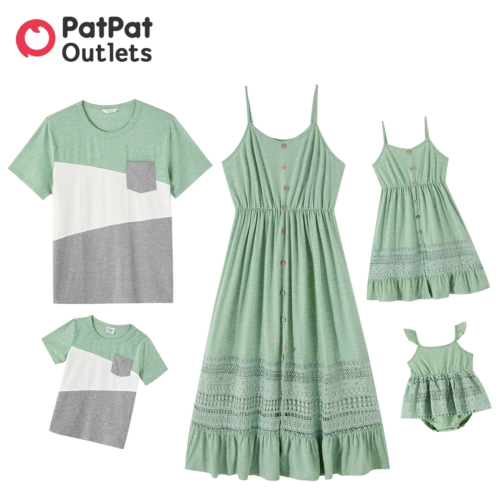 PatPat Mother Kids Family Matching Dress Outfits Summer Party Dresses Mommy and Me Green Short-sleeve T-shirts Baby Clothing Set