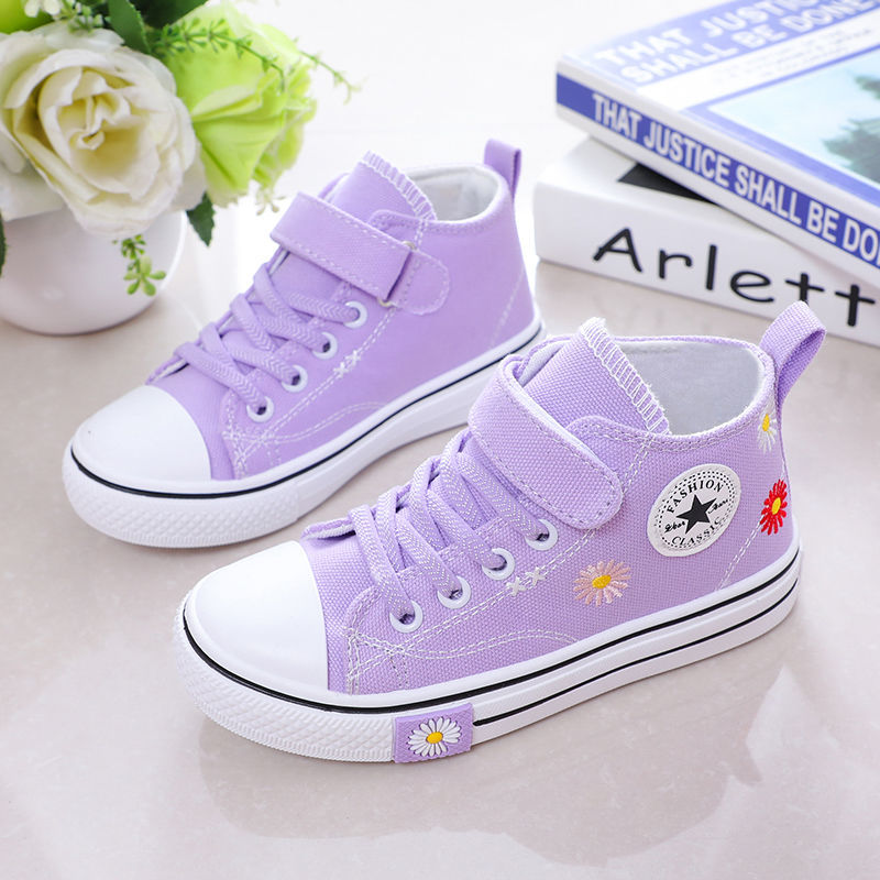 Girls Sneakers High Top Canvas Shoes For Kids Casual Sport School Shoes Flats Spring Breathable Embroidery Daisy Student Sneaker