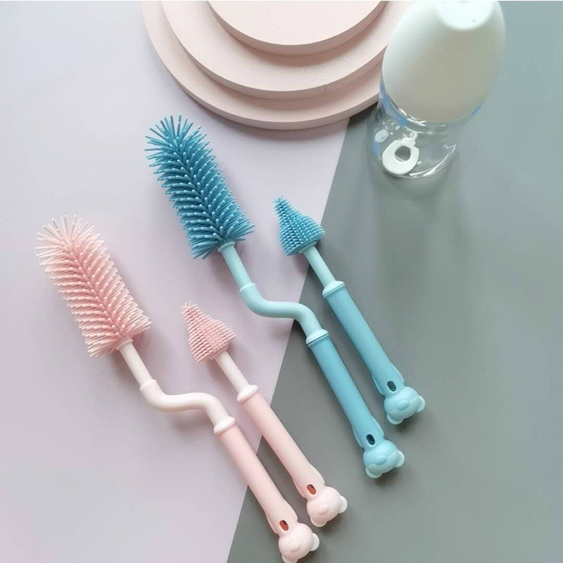Cute cartoon bear multifunctional baby silicone feeding bottle brush 360 degree rotating baby long-handled feeding bottle brush