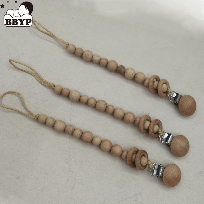 Baby Teether Pacifier Chain Organic Natural Teething Grasping Toy Beech Beads Ring Toddler Teether Newborn DIY Baby Gift