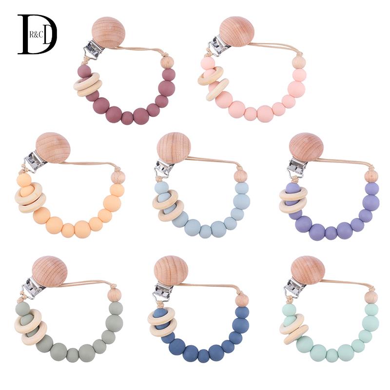 Baby Pacifier Clips Silicone Beads Wooden Ring Pacifier Chain Infant Nipple Appease Soother Chain Clips Dummy Holder Nipple Clip