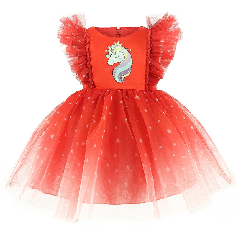 Christmas Unicorn Red Mesh Fly Sleeve Princess Dresses For Girls Tulle Costume Toddler Kids Halloween Evening Star Clothes 1-5 Y