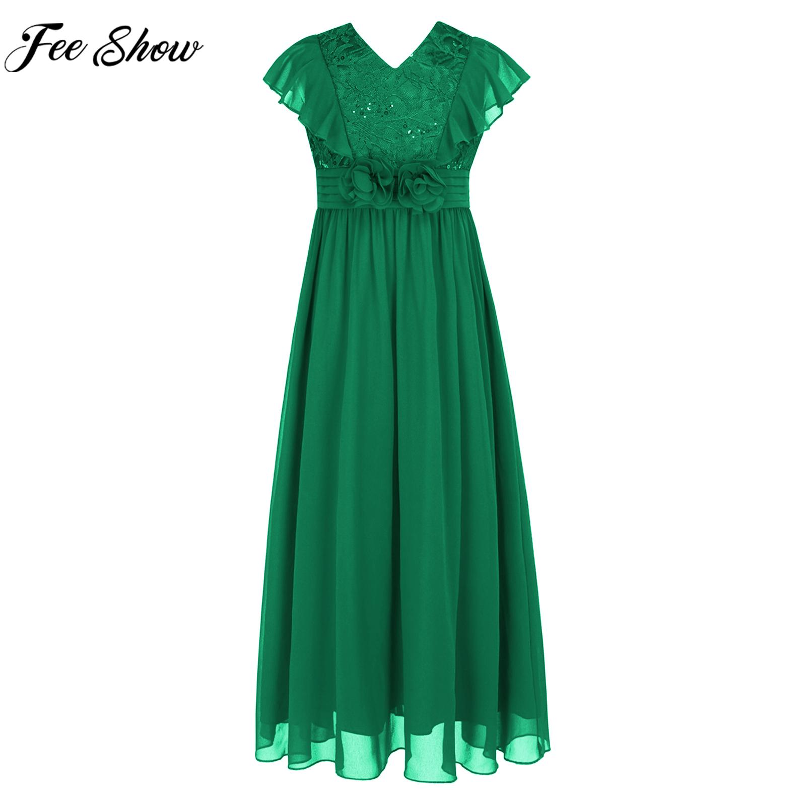 Girls Sequin Lace Chiffon Princess Dress Maxi Evening Pageant Christmas Wedding Bridesmaid Flower Girls Birthday Party Dresses