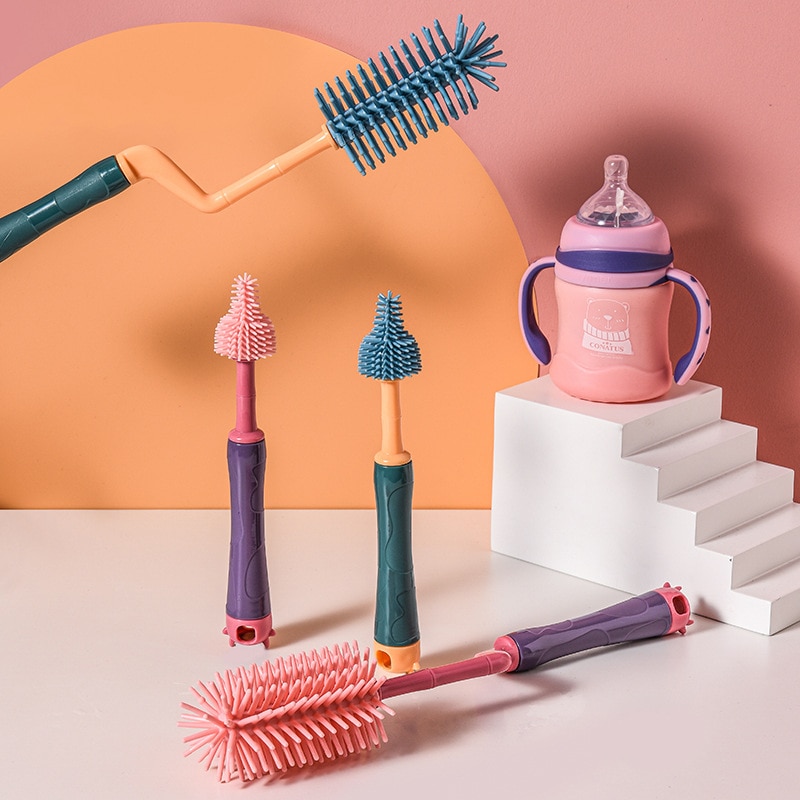 Silicone Bottle Brush 360 Degree Rotation Baby Pacifier Cup Tweezers Nipple Cleaning Brushes Set Handheld Soft Head Food Grade