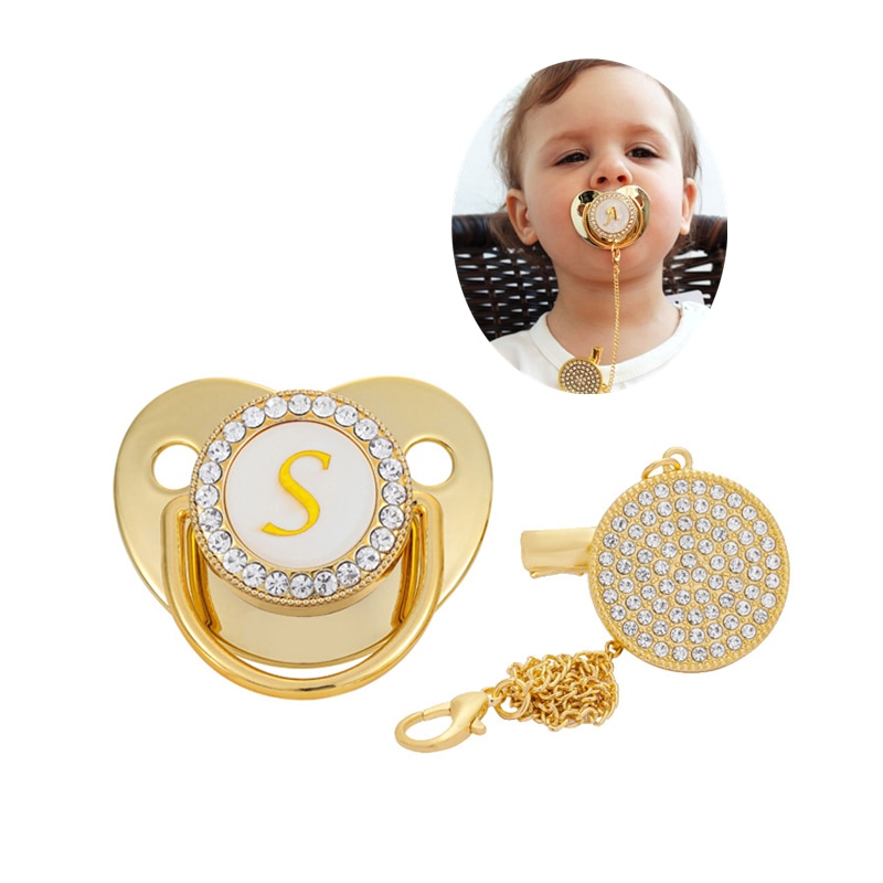 Luxury Gifts Gold 26 Name Initial Letter Baby Pacifier Clips Food Grade Silicone Bling Soother Infant Nipple Newborn Pacifiers