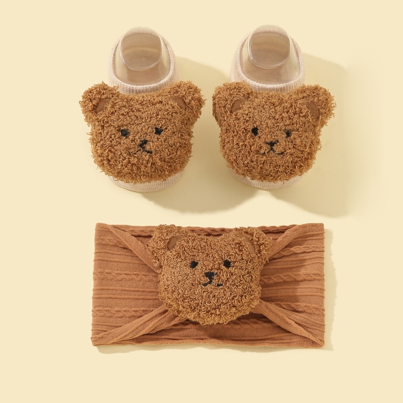2Pcs Baby Socks Headband Set Cartoon Bear Soft Lace Newborn Short Socks Cute Kids Baby Girl HairBands Socks Photo Props for Baby
