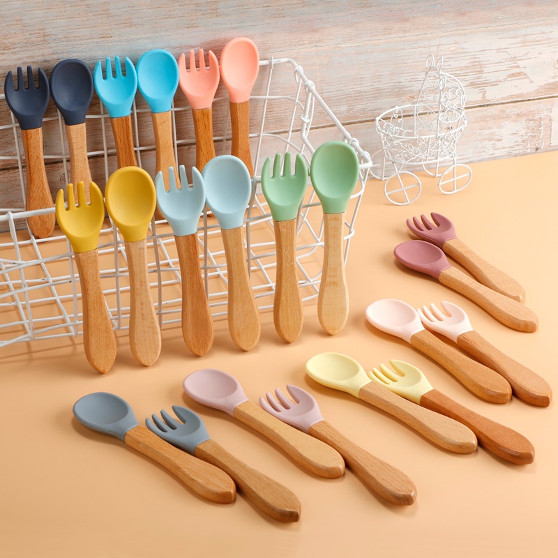 2pcs/set Food Grade Silicone Mini Fork Spoon For Baby Wooden Print Utensils Set Feeding Spoon Learn To Eat Children's Table
