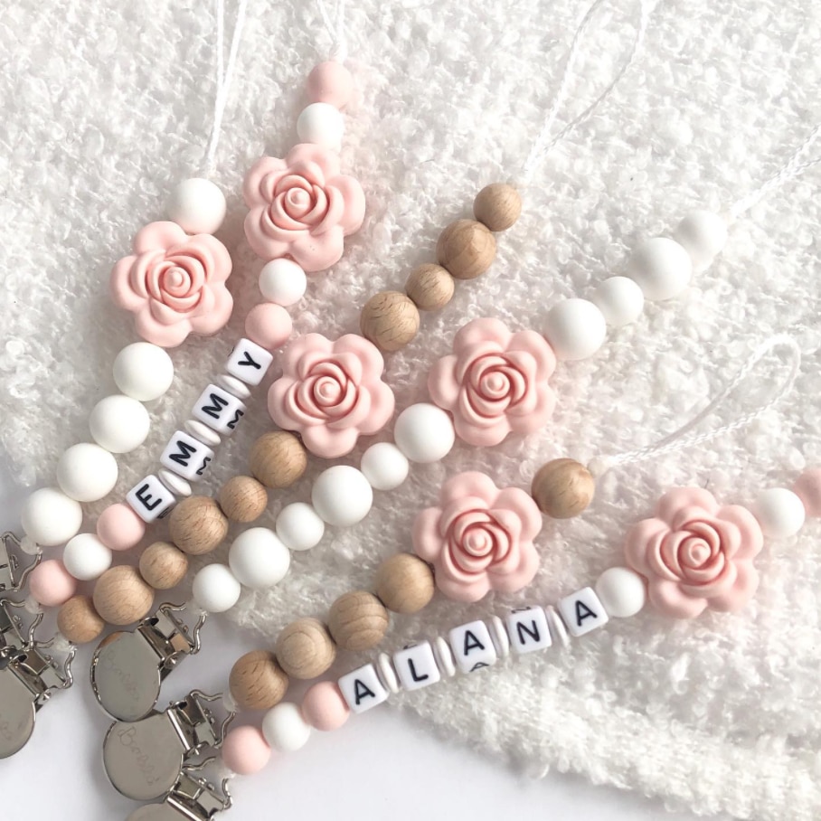 1pc Personalized Name Baby Pacifier Clips Chain Sunflower Wood Pacifier Clips Safe Teething Chain Soother Chew Toy Dummy Clips