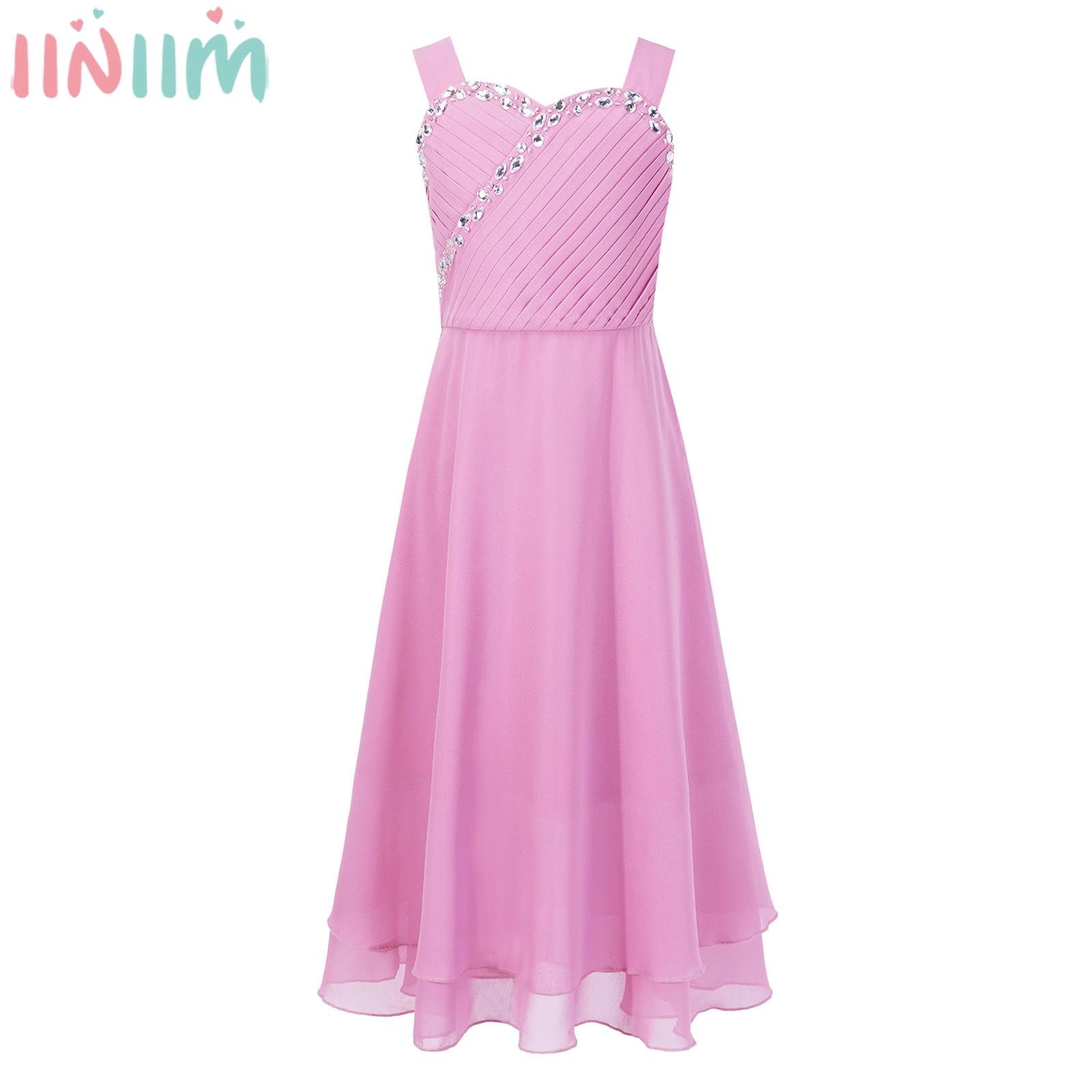 Kids Girls Shiny Rhinestones Party Dress Sleeveless Elegant Pleated Bodice Chiffon Maxi Princess Dress for Wedding Birthday Prom