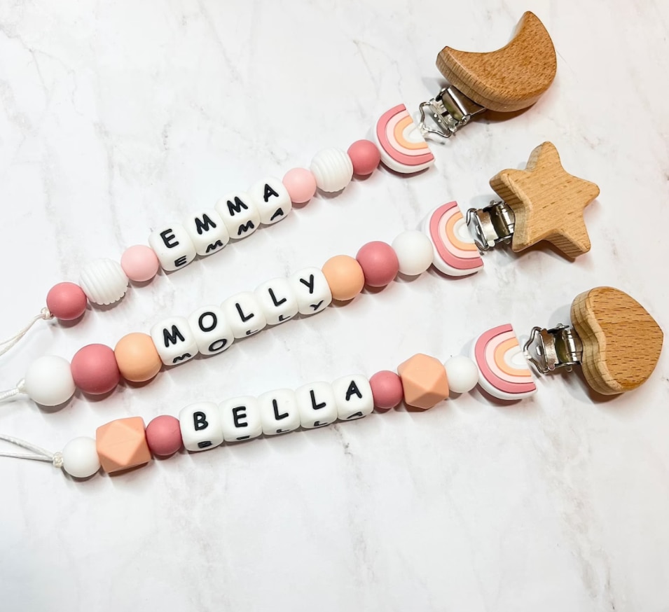 Custom Name Rainbow Personalize Dummy Clips Pacifier Clips Holder Baby Silicone Handmade Pacifier Holder Chain Baby Teether Gift