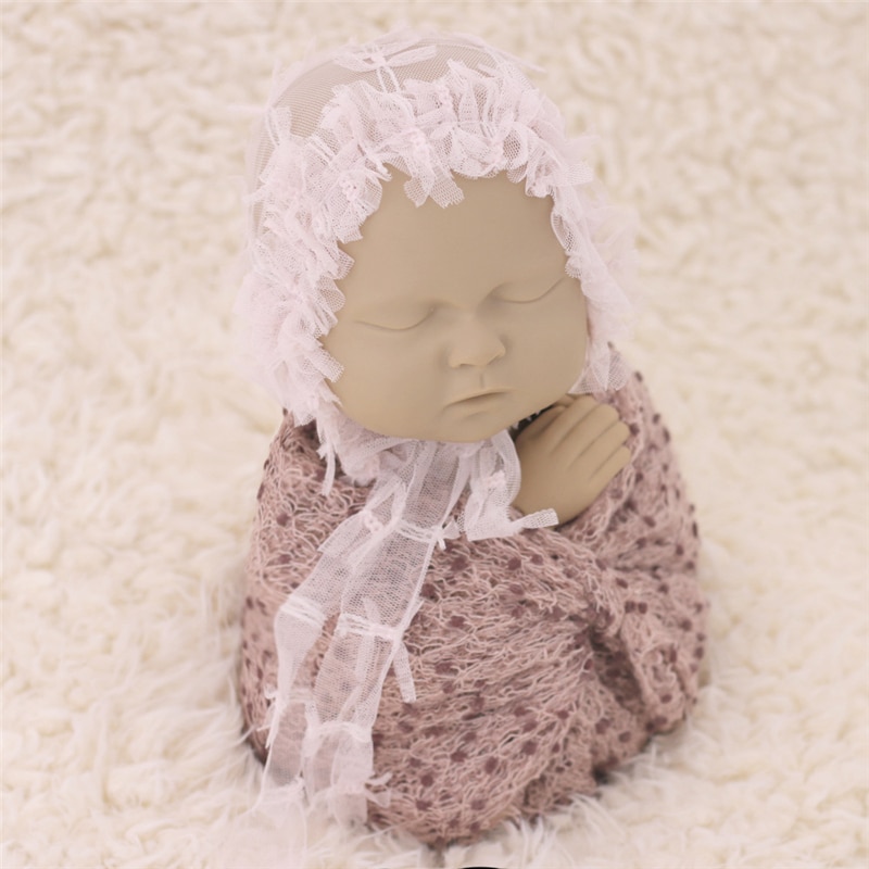 Newborn Photography Wrap Blanket with Lace Hat Baby Photo Souvenires Clothes Swaddling 2-Piece Shooting Aid Styling Props