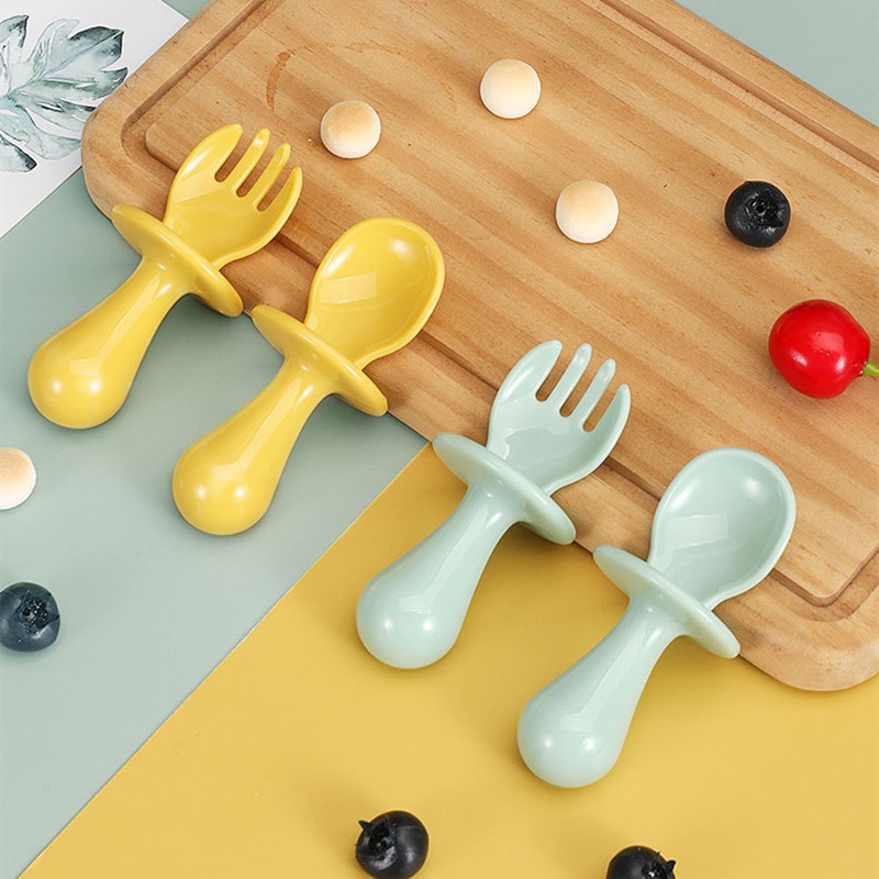 2Pcs/Set Baby Mini Solid Color Spoon Fork Utensils Set Cute Infant Feeding Spoon Learn To Eat Manipulative Ability Tableware