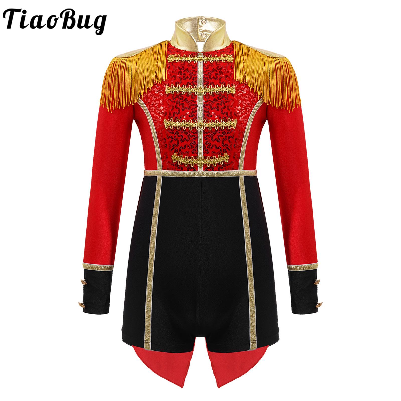 Kids Girls Halloween Carnival Fancy Dress Up Circus Ringmaster Lion Tamer Costume Long Sleeve Sequin Tassels Cosplay Bodysuit