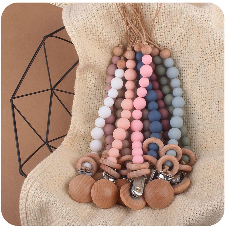 Baby Pacifier Clips BPA Free Eco-friendly Silicone Beads Beech Wooden Rings Pacifier Chain Infant Nipple Appease Soother Chain