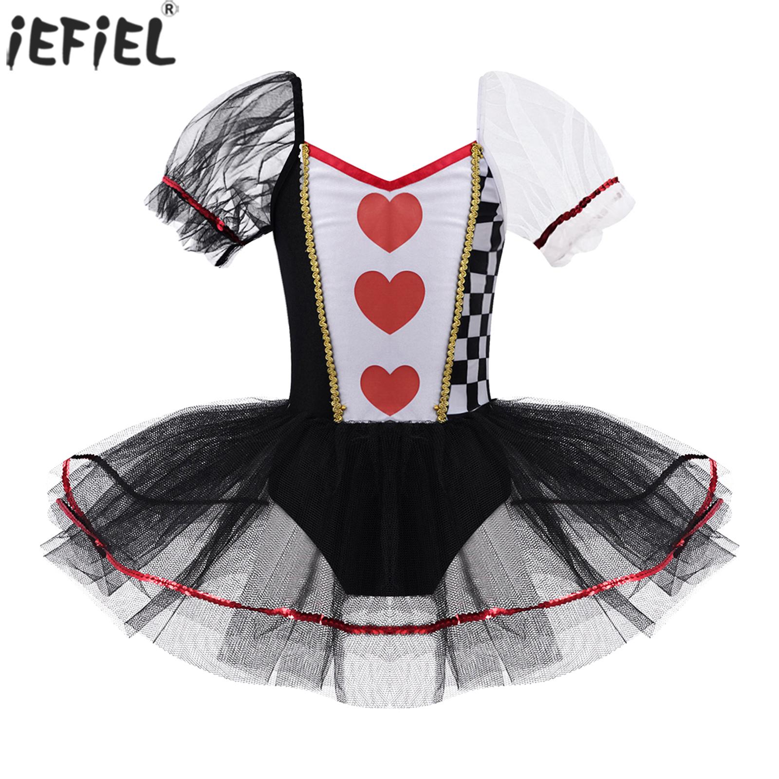 Kids Girls Cosplay Costumes Dress Short Sleeves Hearts Checkerboard Print Mesh Tutu Dress for Stage Performance Carnival Party