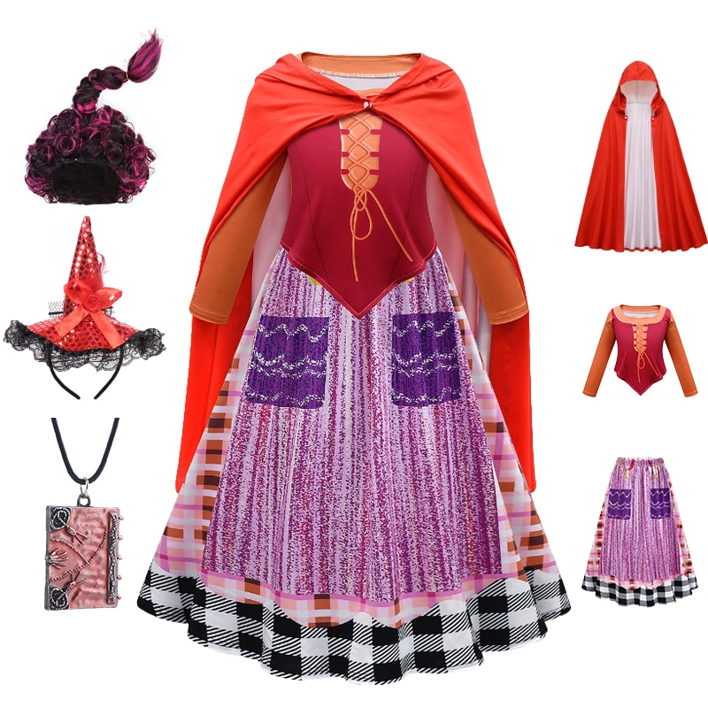 2023 NEW Movie Hocus Pocus 2 Halloween Cosplay Girls Crazy Witch Mary Costume Winter Carnival Kids Masquerade Party Clothing Set