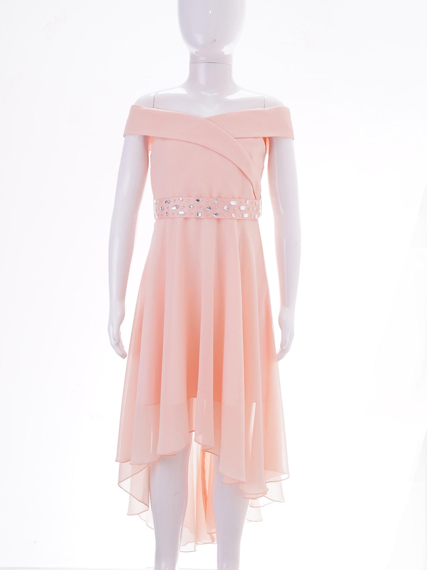 Kids Girls Elegant Solid Color Chiffon Dress with Shiny Beaded Sash Sweetheart Off Shoulder High-Low Hem Party Dress