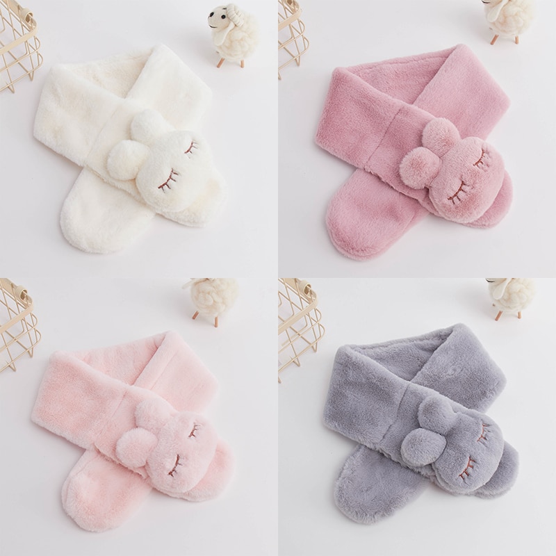 Children Cross Collar Scarf Cute Cartoon Rabbit Plush Scarf Winter Neck Warmer Outdoor Warm Faux Fur Girls Boys Thicken Scarves