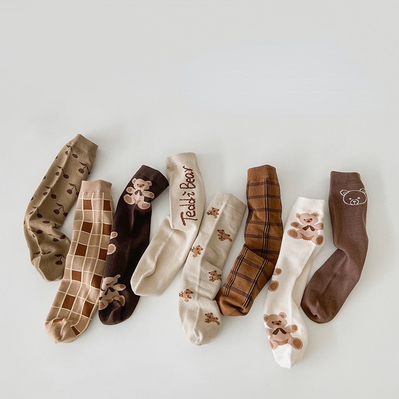 Autumn Winter Children Socks Cartoon Bears Knee Length Straight Kids Socks Baby Boys Girls Cotton Breathable Knitted Socks