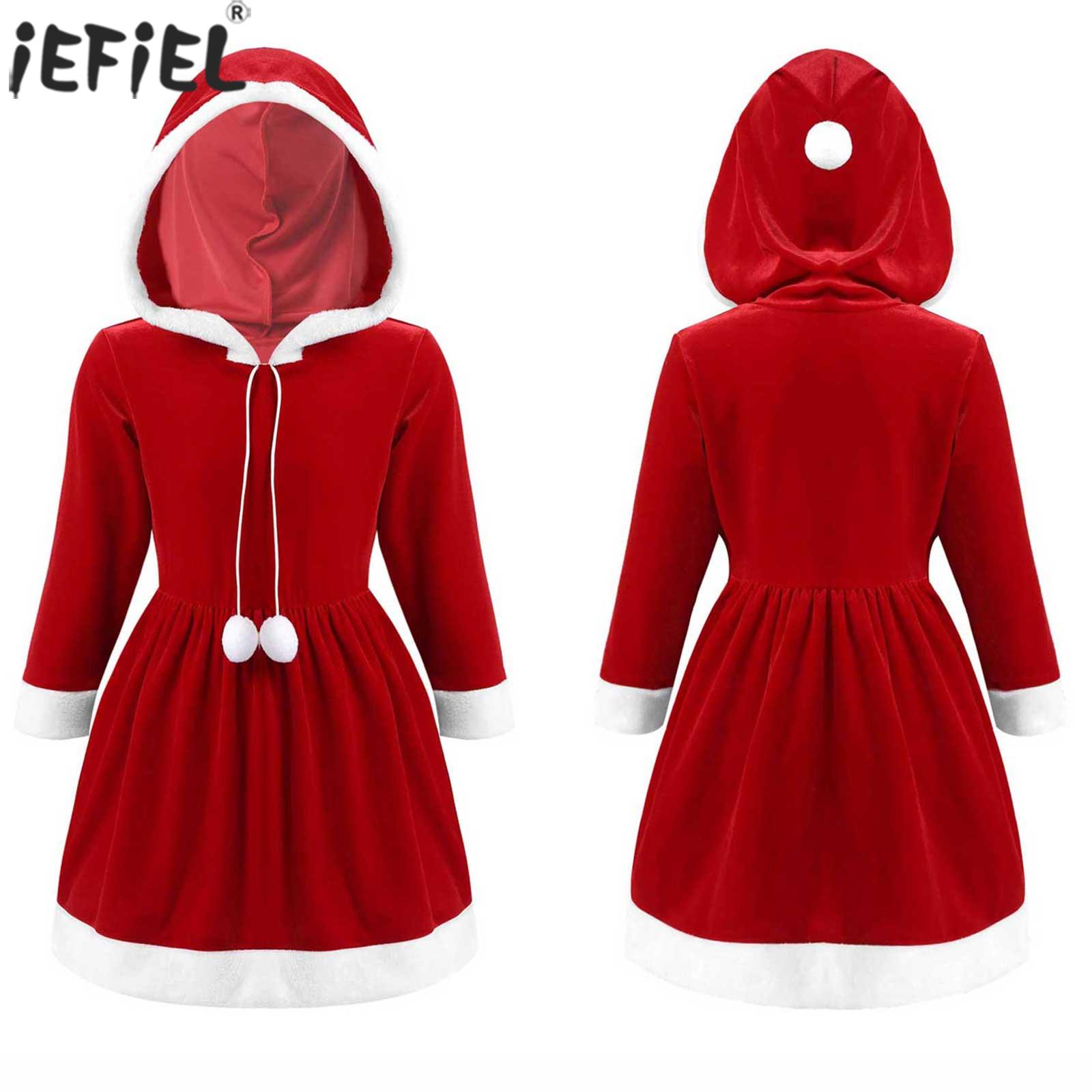 Kids Girls Holiday Christmas Santa Claus Cosplay Costume Hooded Dress Long Sleeve Velvet New Year Festival Xmas Party Dresses