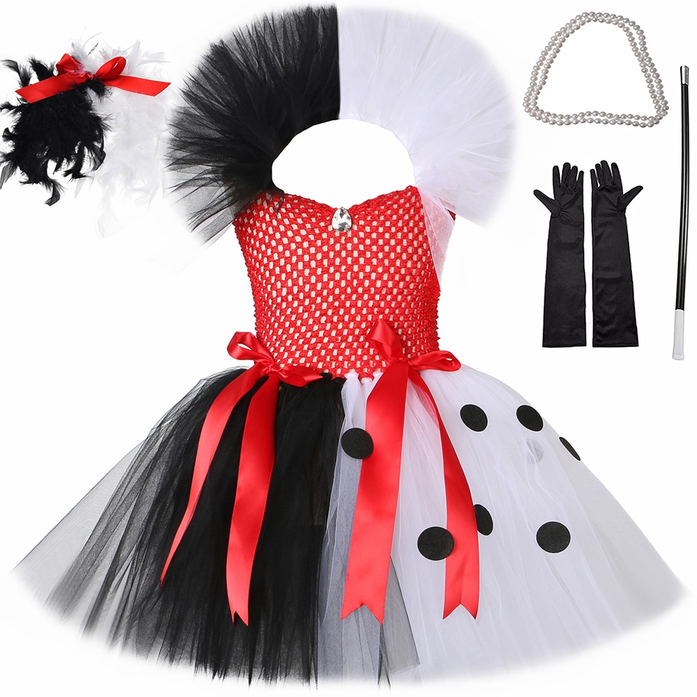 Evil Cruella Witch Costume for Girls Halloween Carnival Party Tutu Dress Kids Dalmatians Dog Dress Up Outfit Children Clothing