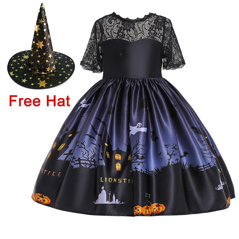 Halloween Costume Carnival Witch Dress for Girls Toddler Kids Cosplay Party Dresses Up Children Vampire Pumpkin With Hat Clothes