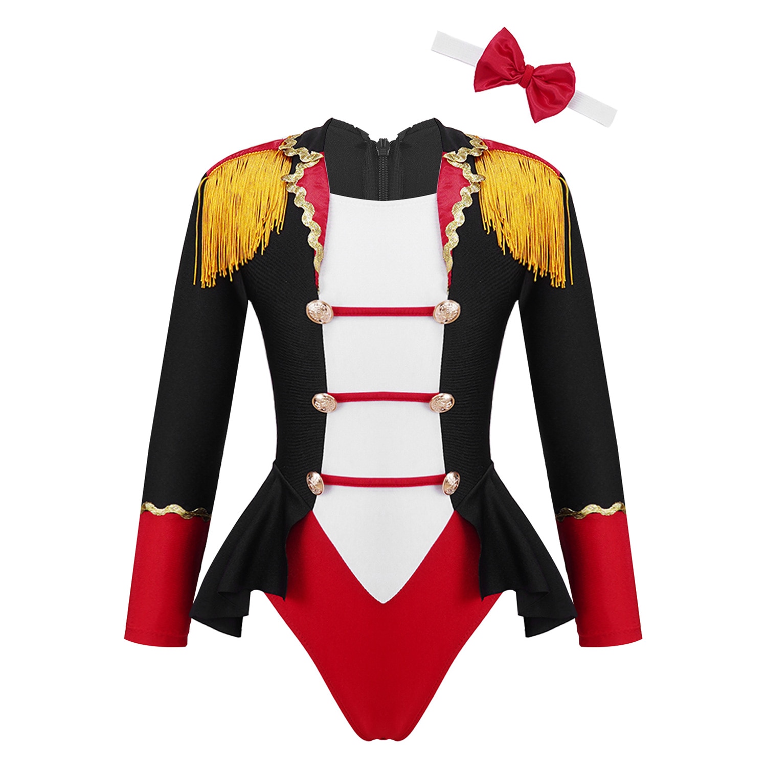 Kids Girls Circus Leotard Dress Long Sleeves Tassel Ringmaster Cosplay Jumpsuit with Tie Sets Child Halloween Christmas Costume