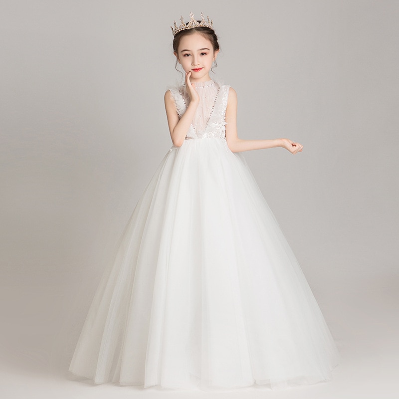 White Wedding Flower Girl Dress Long Formal Elegant Princess Birthday Party Dresses Kids Puffy Luxury Ball Gown Comunion Vestido