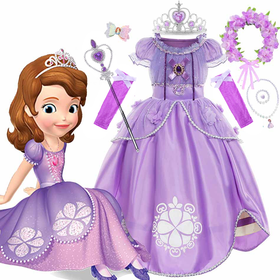 Disney Anime Little Princess Sofia Dress Up Clothes 3-10 Years Girls Luxury Halloween Cosplay Costume Pearl Lace Applique Outfit