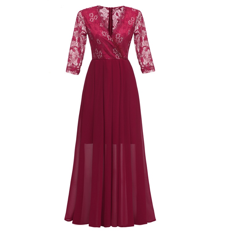 New chiffon long dress atmospheric queen fan dress waist is thin and long bridesmaid wedding dress mesh lace elegant wine ha dre