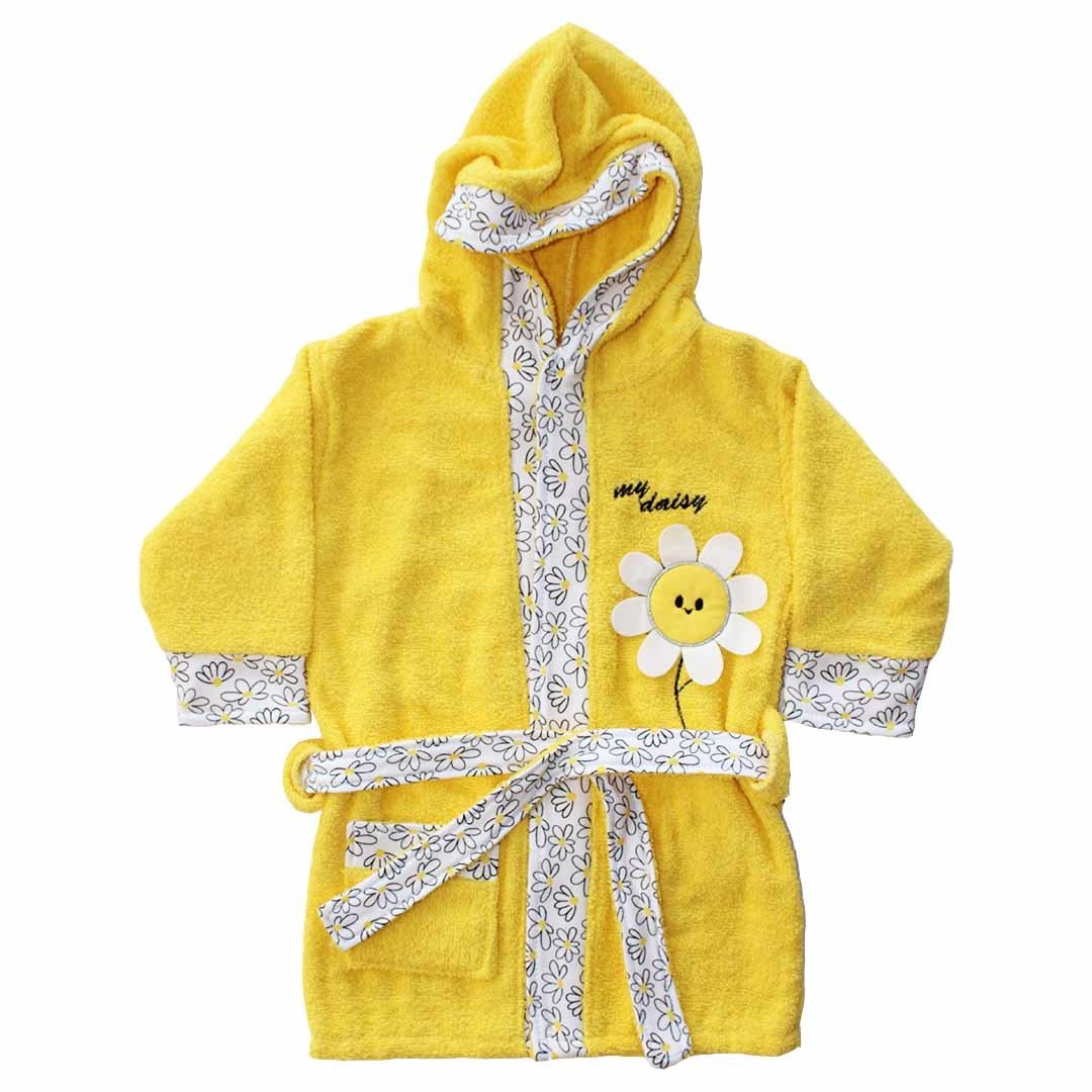 Girl child yellow daisy patterned bathrobe