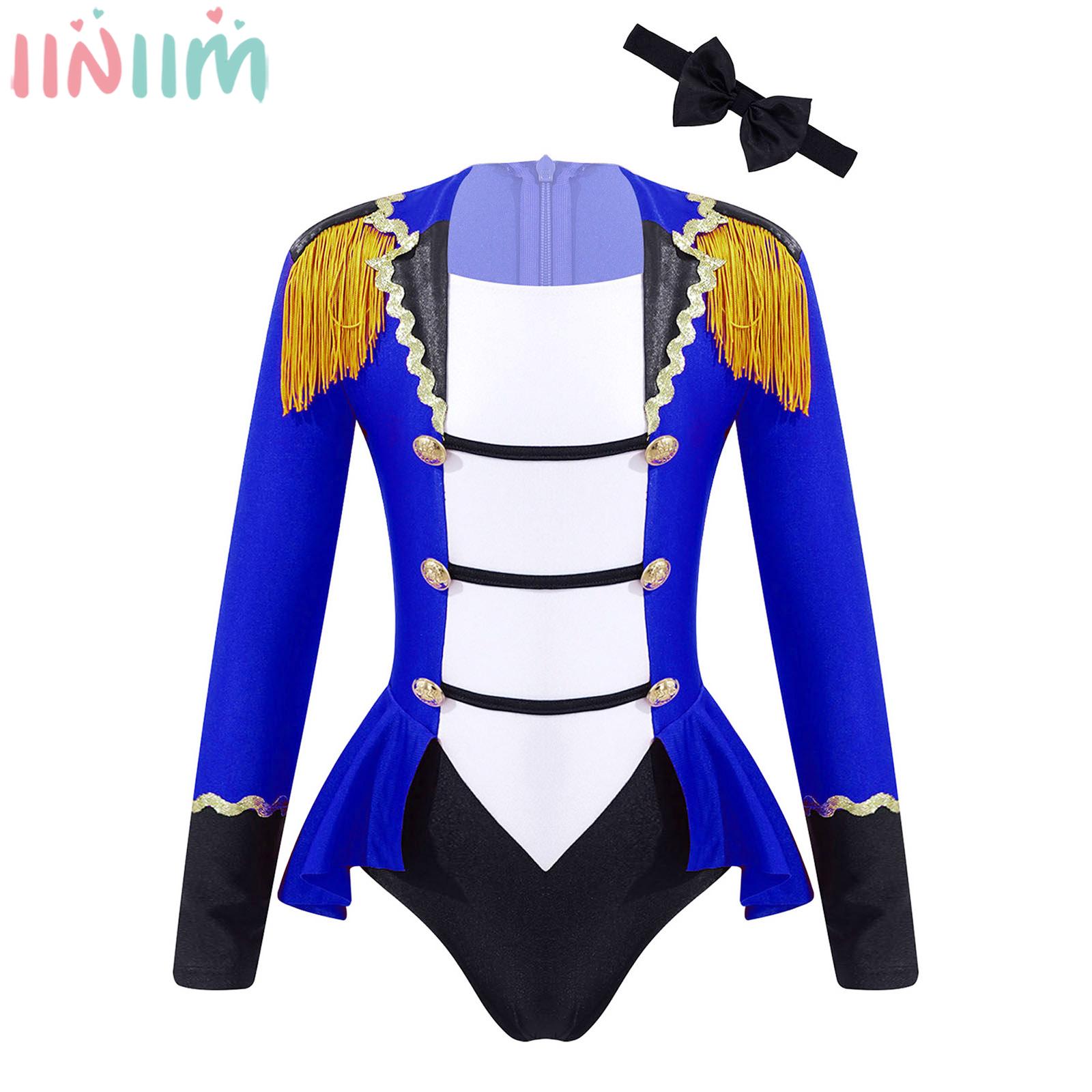 4-16Yrs Kids Girls Circus Cosplay Costume Long Sleeve Tassel Bodysuit Halloween Carnival Theme Party Stage Performance Clothing