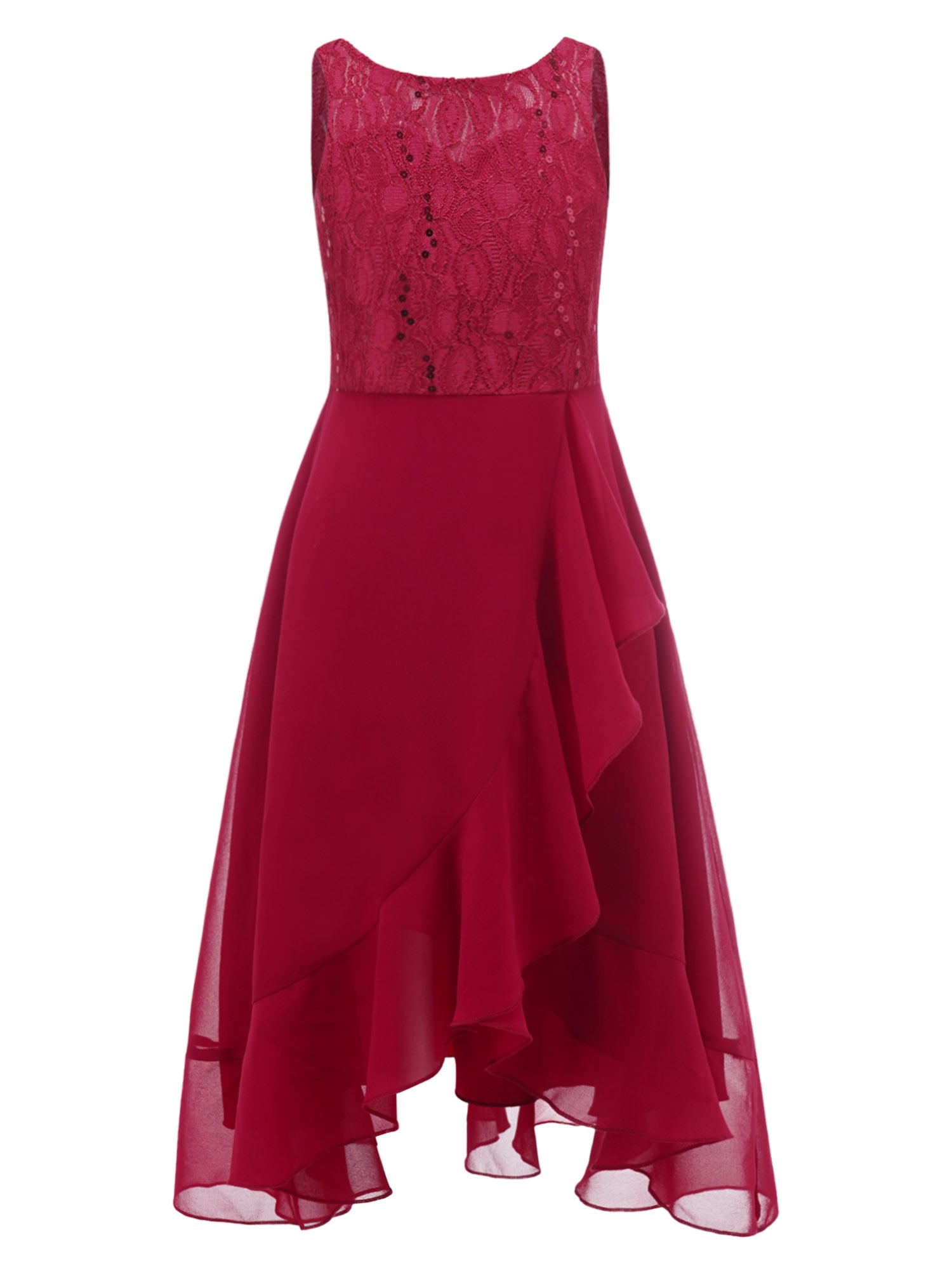 Kids Girls Elegant Party Dress Scoop Neck Sleeveless Cascading Ruffle Asymmetrical Hem Chiffon Dress Wedding Costumes Sweet
