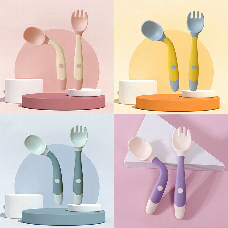 2PCS Utensils Set Auxiliary Food Toddler Eating Training Feeding Soft Fork Infant Tableware Silicone Spoon Fork for Baby