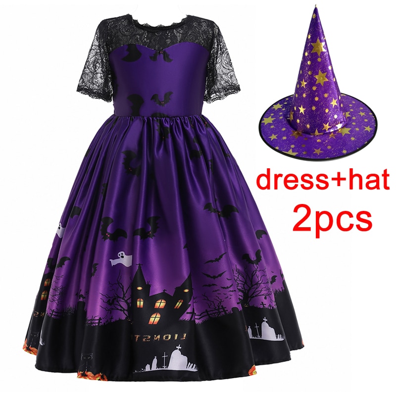 Children Long Cosplay Costume For Kids Girls Ghostly Castle Printed Halloween Princess Dress Lace Sleeve Girl Party Dresses