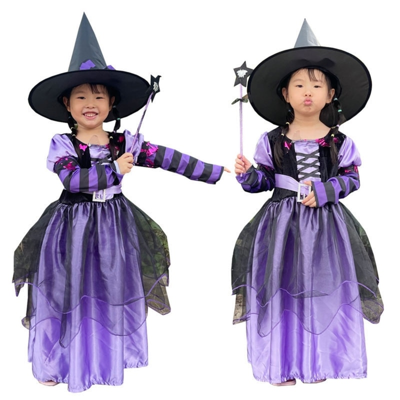 Fairytale Witch Girls Costume Set with Hat Cosplay Supplies Purple Witch Dress