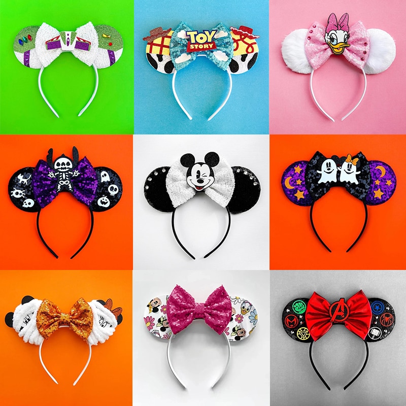 Disney Mickey Minnie Ear Headband Sequin Bows Girl Adult Kids Halloween Party Cosplay Hair Accessories Princess Hairband